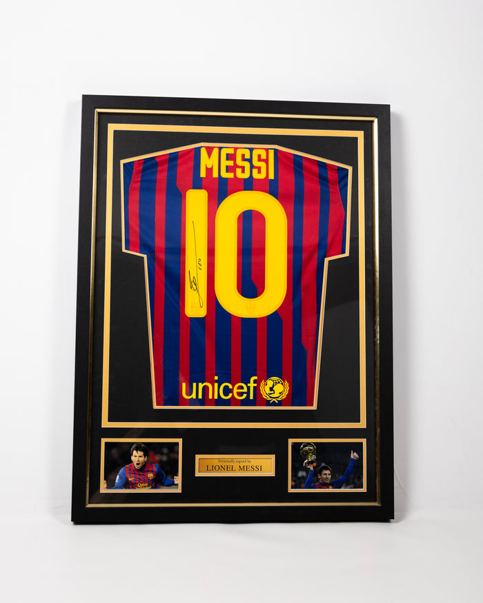 Framed signed Lionel Messi FC Barcelona 2012 collector's replica jersey in a black and gold display frame