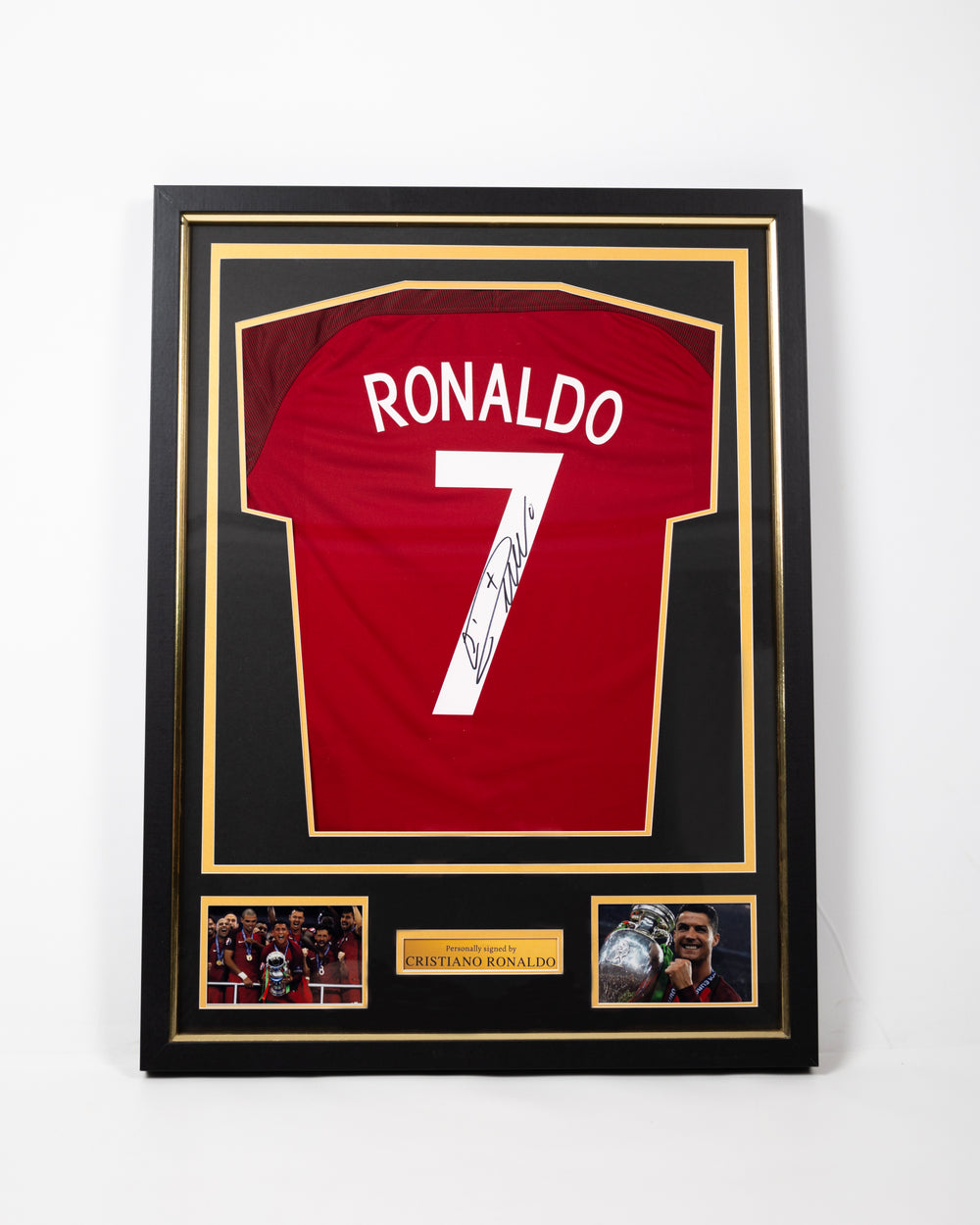 Framed signed Cristiano Ronaldo Portugal Euro 2016 collector's replica jersey in a black and gold display frame