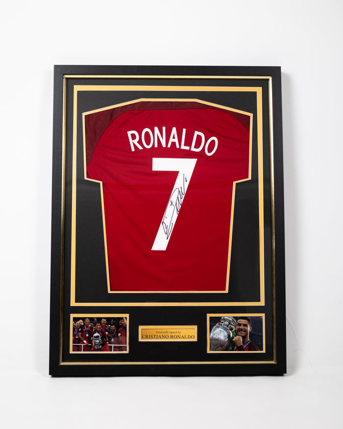 Framed signed Cristiano Ronaldo Portugal Euro 2016 collector's replica jersey in a black and gold display frame